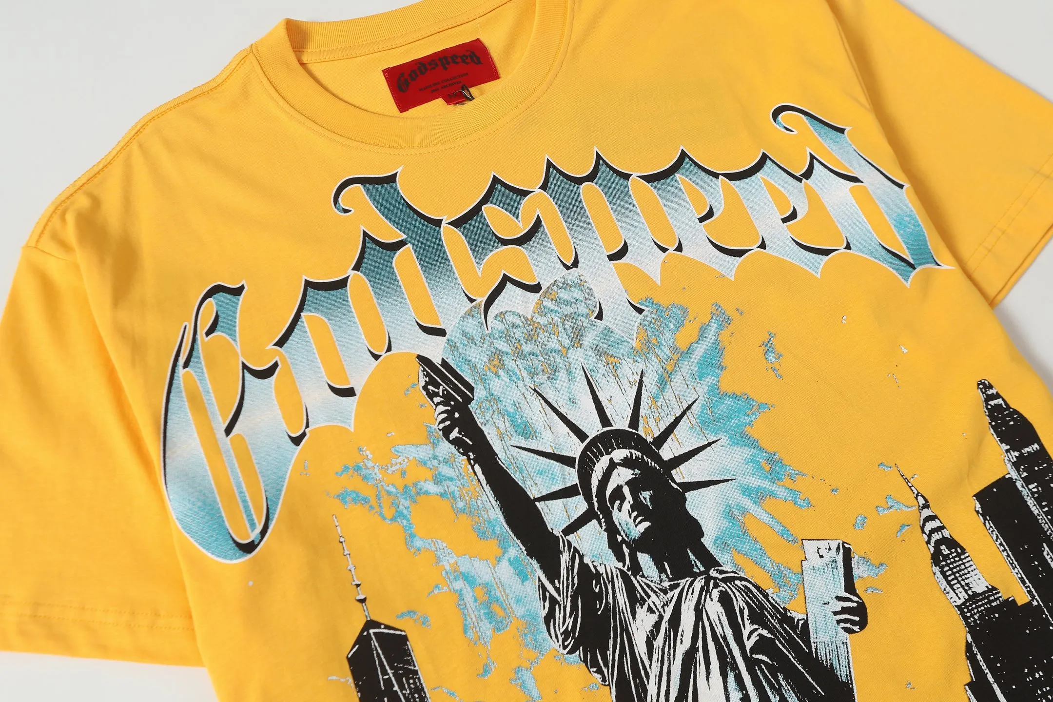 5099#golden｜P106 Godspeed cross-border American rock and roll street washed retro style short-sleeved T (craft printing) fabric (fabric): 32-count combed double yarn 240 grams weight code number (size): S-M-L-XL color (colour): golden yellow