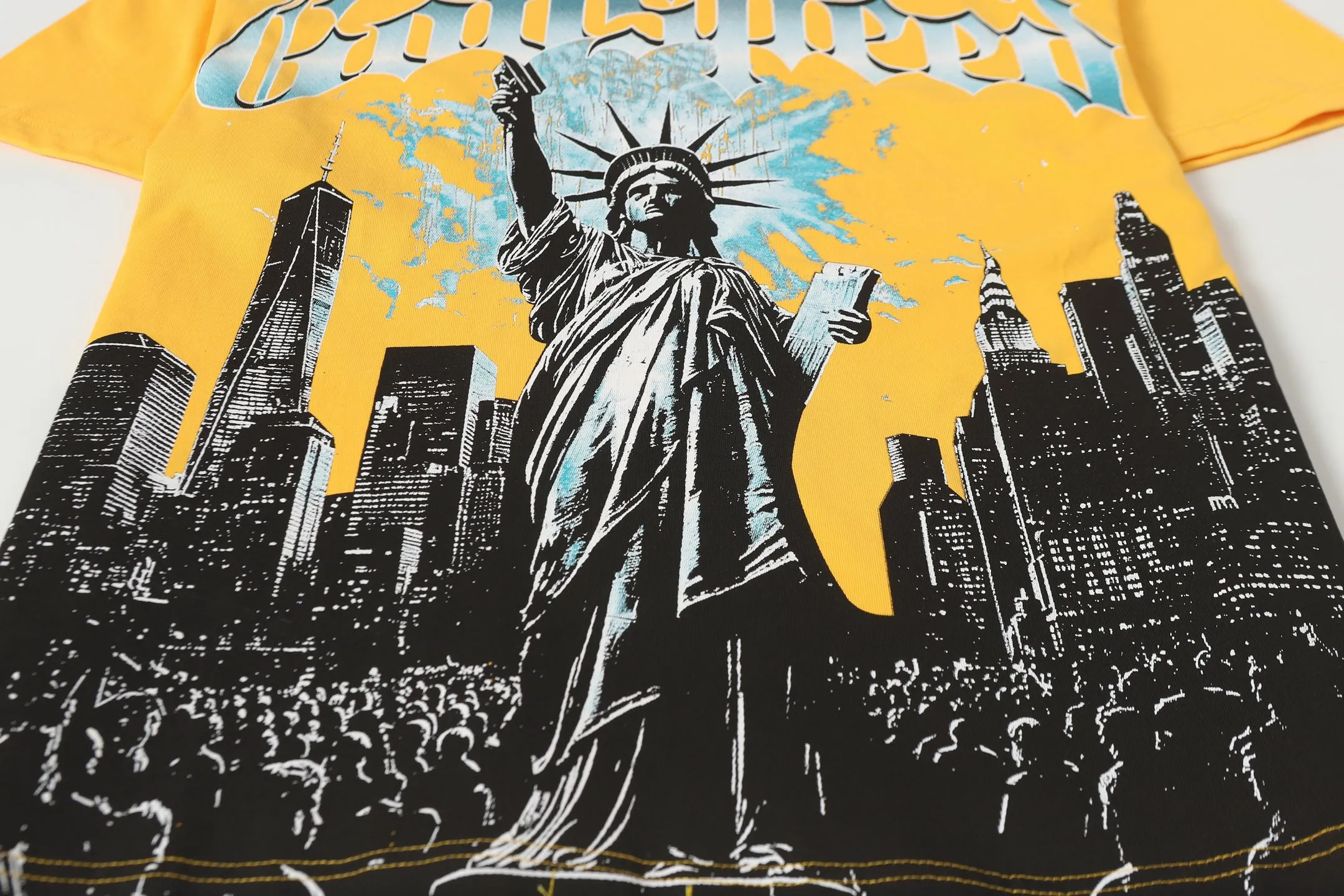 5099#golden｜P106 Godspeed cross-border American rock and roll street washed retro style short-sleeved T (craft printing) fabric (fabric): 32-count combed double yarn 240 grams weight code number (size): S-M-L-XL color (colour): golden yellow