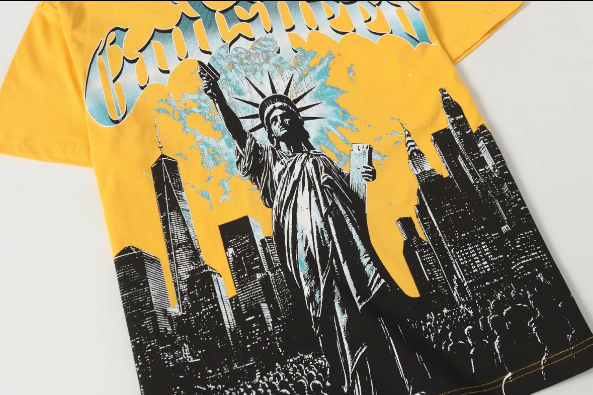 5099#golden｜P106 Godspeed cross-border American rock and roll street washed retro style short-sleeved T (craft printing) fabric (fabric): 32-count combed double yarn 240 grams weight code number (size): S-M-L-XL color (colour): golden yellow