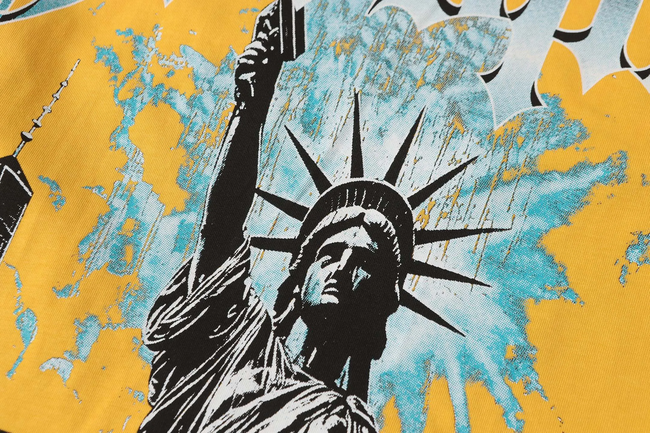 5099#golden｜P106 Godspeed cross-border American rock and roll street washed retro style short-sleeved T (craft printing) fabric (fabric): 32-count combed double yarn 240 grams weight code number (size): S-M-L-XL color (colour): golden yellow