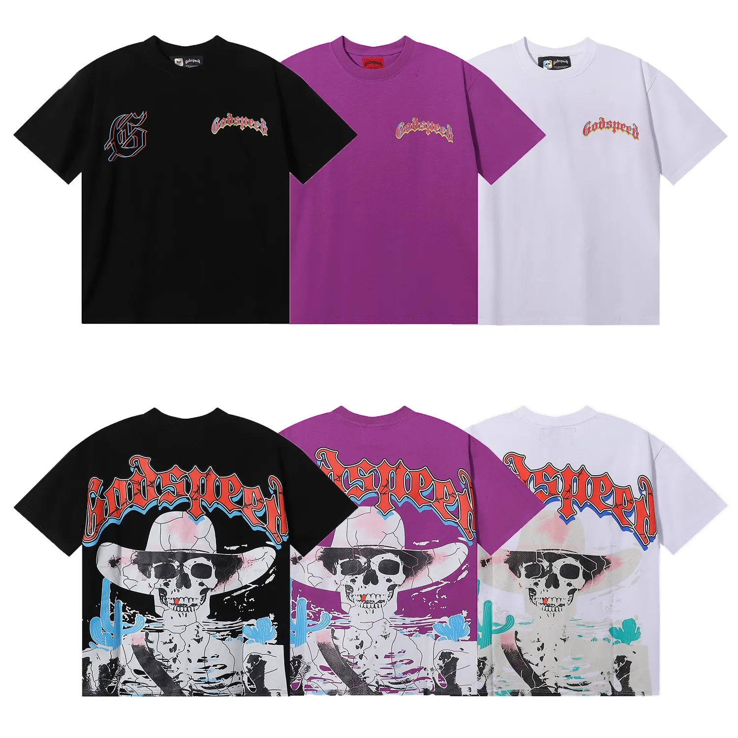 No. 7023, Mechao Godspeed Western skull denim cactus print high quality double yarn pure cotton casual short-sleeved T-shirt batch 110 Color: black, white, purple; Size: S M L XL