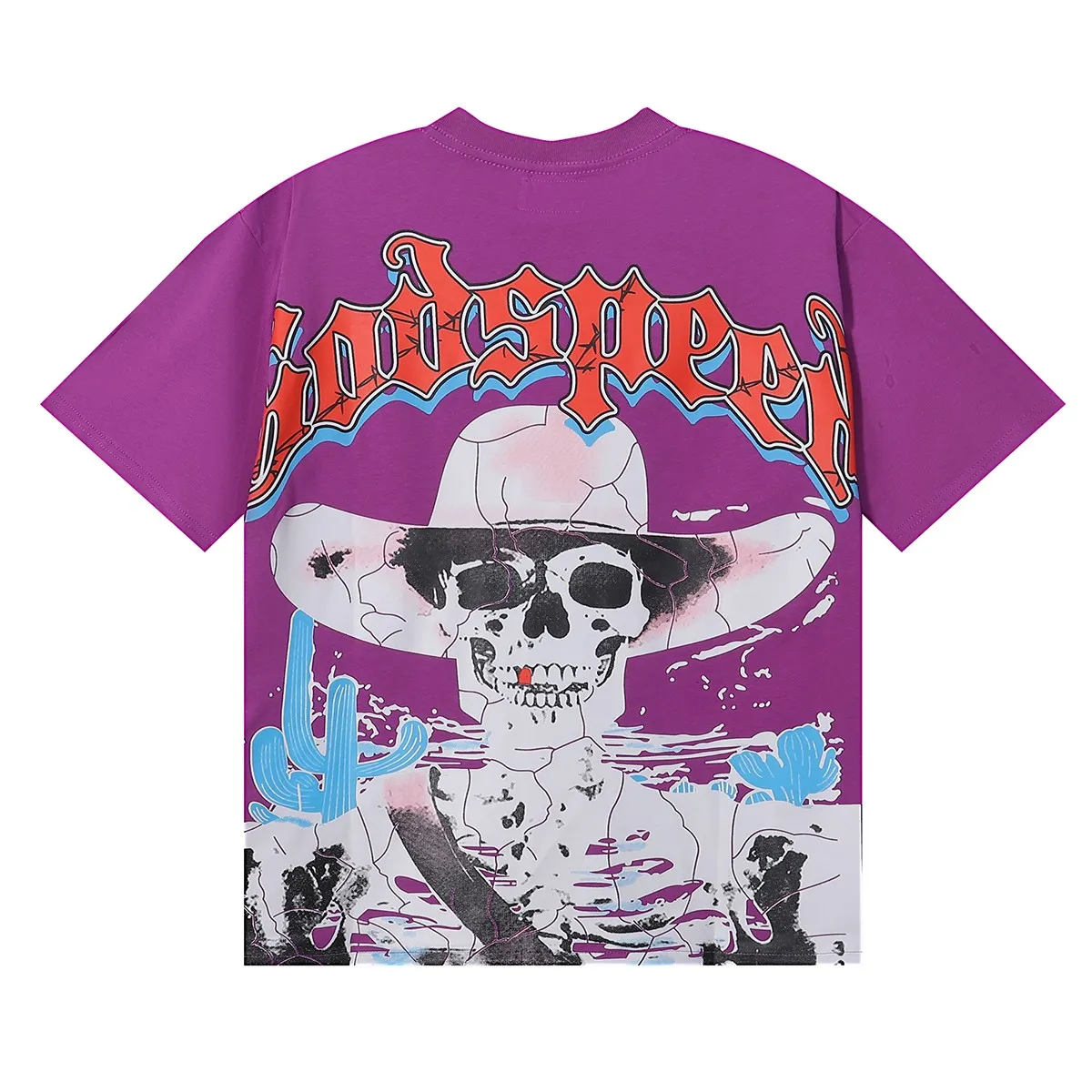 No. 7023, Mechao Godspeed Western skull denim cactus print high quality double yarn pure cotton casual short-sleeved T-shirt batch 110 Color: black, white, purple; Size: S M L XL