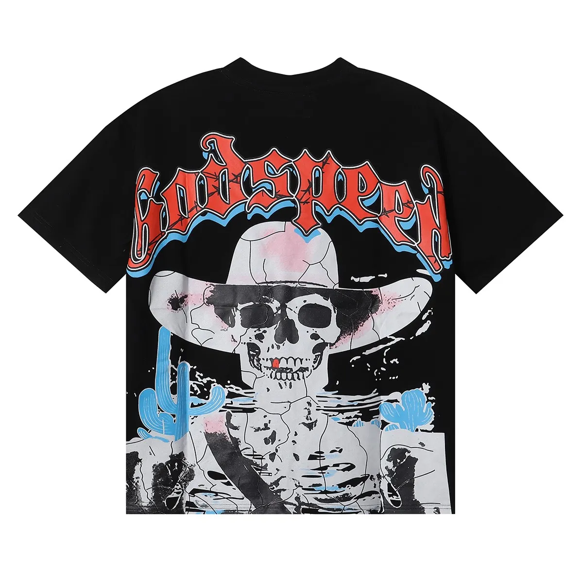 No. 7023, Mechao Godspeed Western skull denim cactus print high quality double yarn pure cotton casual short-sleeved T-shirt batch 110 Color: black, white, purple; Size: S M L XL