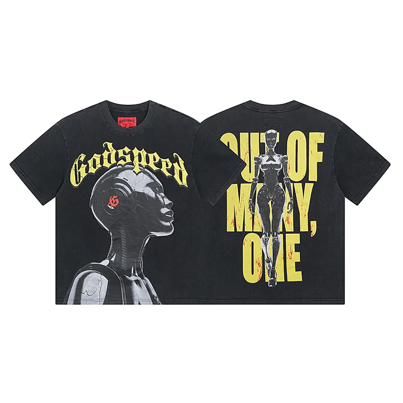 1021# P126 Washed Black Real Shot Godspeed American Fashion Rock Street Retro Washed Distressed Printed Pure Cotton Short Sleeves Fabric: 250g 32 Count Fine Cotton Double Yarn Pure Cotton Color: Washed Black Size: S M L XL