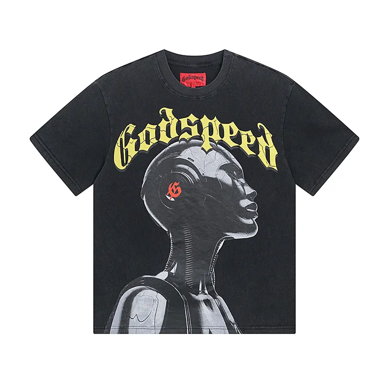 1021# P126 Washed Black Real Shot Godspeed American Fashion Rock Street Retro Washed Distressed Printed Pure Cotton Short Sleeves Fabric: 250g 32 Count Fine Cotton Double Yarn Pure Cotton Color: Washed Black Size: S M L XL