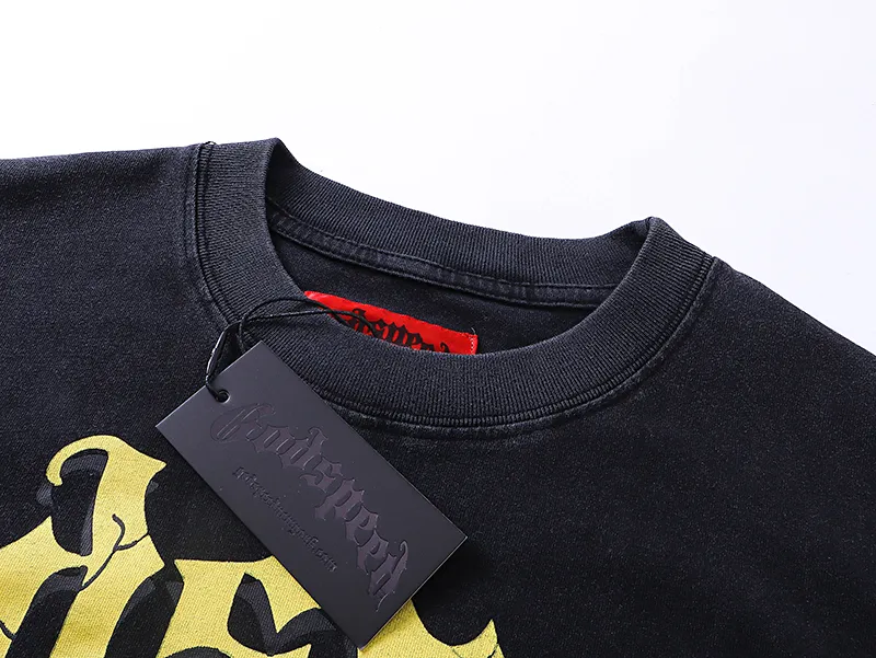 1021# P126 Washed Black Real Shot Godspeed American Fashion Rock Street Retro Washed Distressed Printed Pure Cotton Short Sleeves Fabric: 250g 32 Count Fine Cotton Double Yarn Pure Cotton Color: Washed Black Size: S M L XL