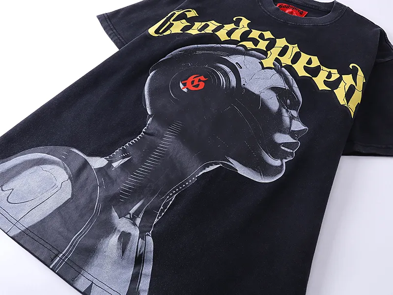 1021# P126 Washed Black Real Shot Godspeed American Fashion Rock Street Retro Washed Distressed Printed Pure Cotton Short Sleeves Fabric: 250g 32 Count Fine Cotton Double Yarn Pure Cotton Color: Washed Black Size: S M L XL