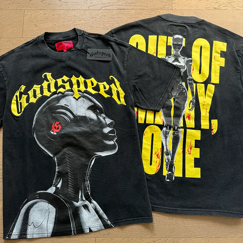 1021# P126 Washed Black Real Shot Godspeed American Fashion Rock Street Retro Washed Distressed Printed Pure Cotton Short Sleeves Fabric: 250g 32 Count Fine Cotton Double Yarn Pure Cotton Color: Washed Black Size: S M L XL