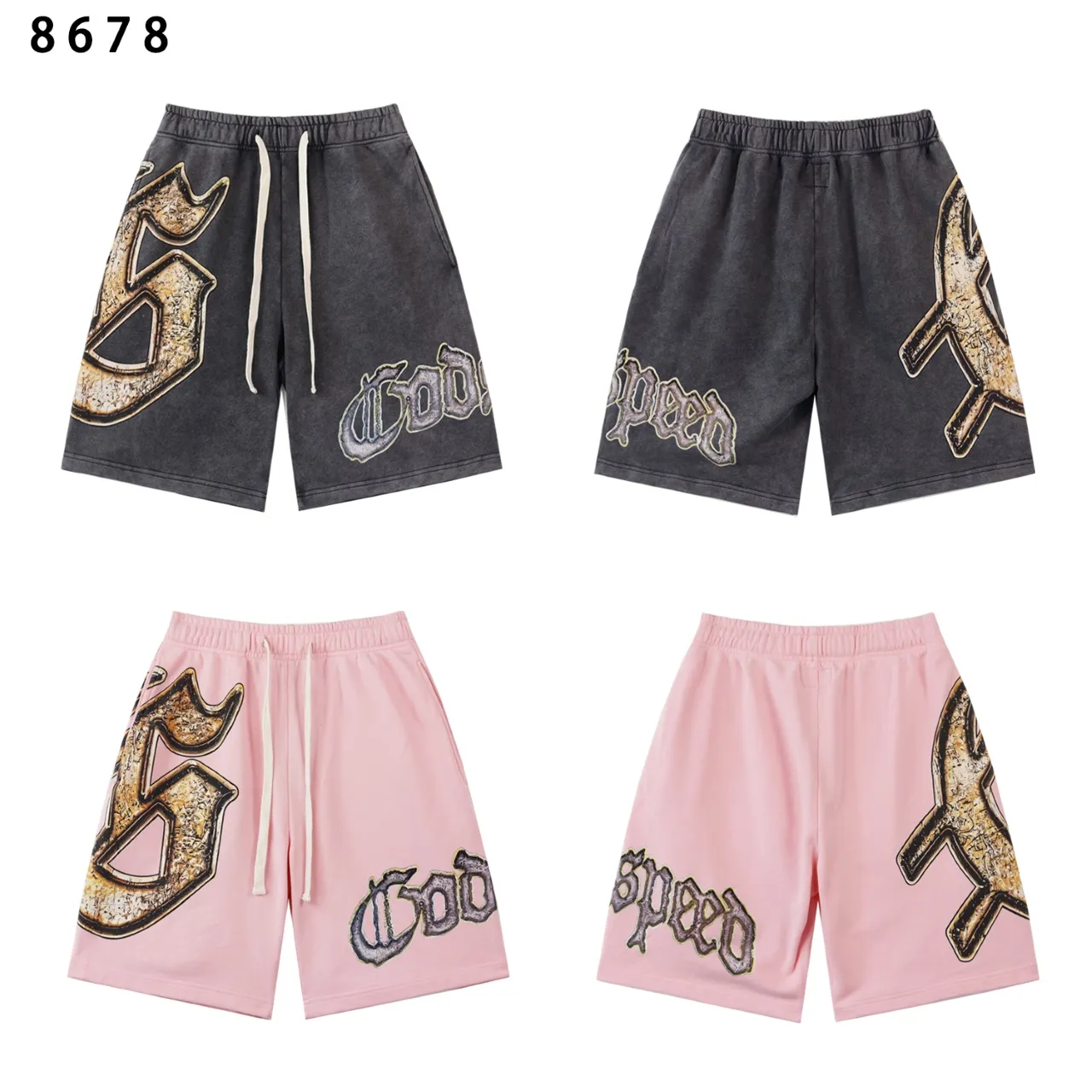 💰150 Style No.: BR 8678 Fabric: 380g washed, real shot, beautiful and fashionable Godspeed printed high-quality double yarn casual fashion brand washed distressed shorts Color; washed black, washed pink Size: S M L XL