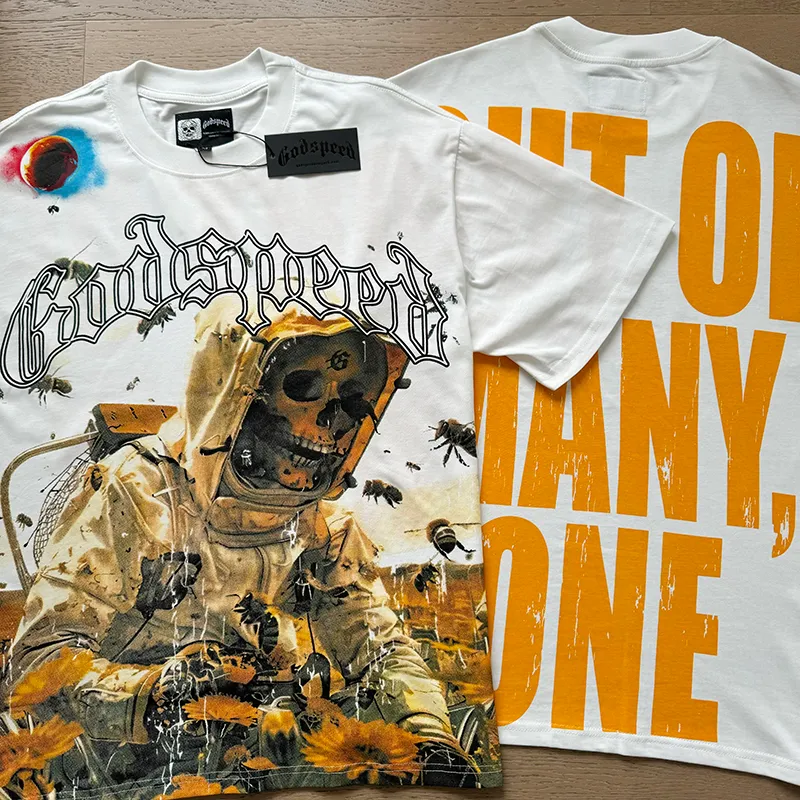 3063# P110 Real shot Godspeed American fashion rock street retro loose printed cotton short sleeves Fabric: 240g 32 count fine cotton double yarn pure cotton Color: off-white Size: S M L XL