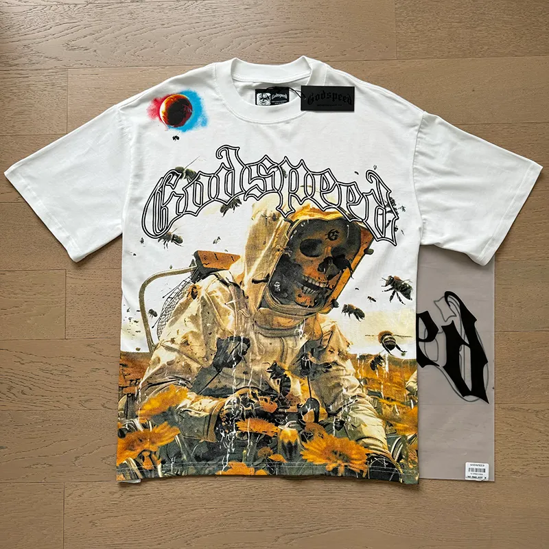 3063# P110 Real shot Godspeed American fashion rock street retro loose printed cotton short sleeves Fabric: 240g 32 count fine cotton double yarn pure cotton Color: off-white Size: S M L XL