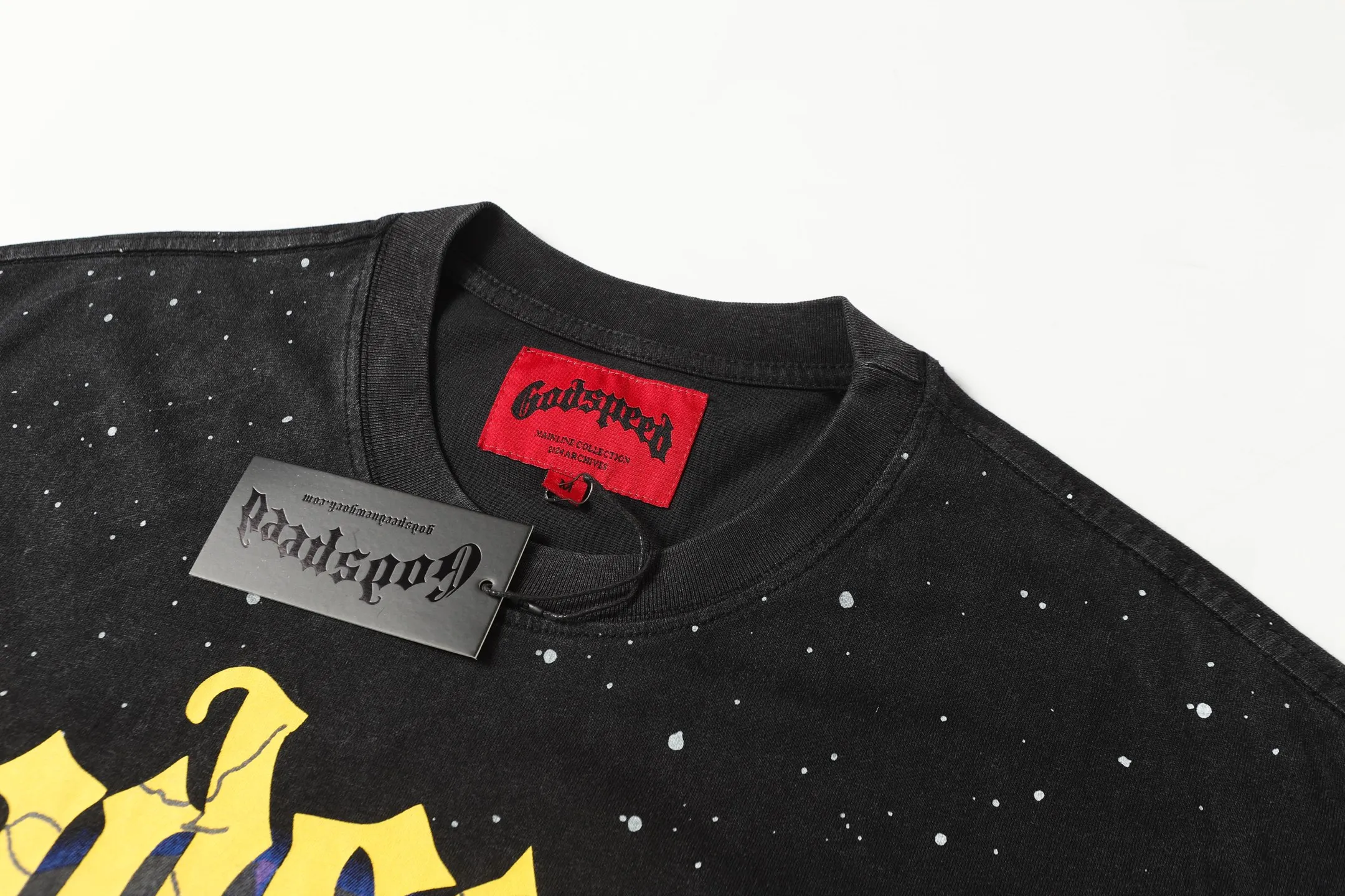 6062#washed black｜P116 Godspeed cross-border American rock and roll street washed retro style short-sleeved T (craft printing) fabric (fabric): 32 count combed double yarn 250g weight code number (size): S-M-L-XL color (colour): washed black 👉