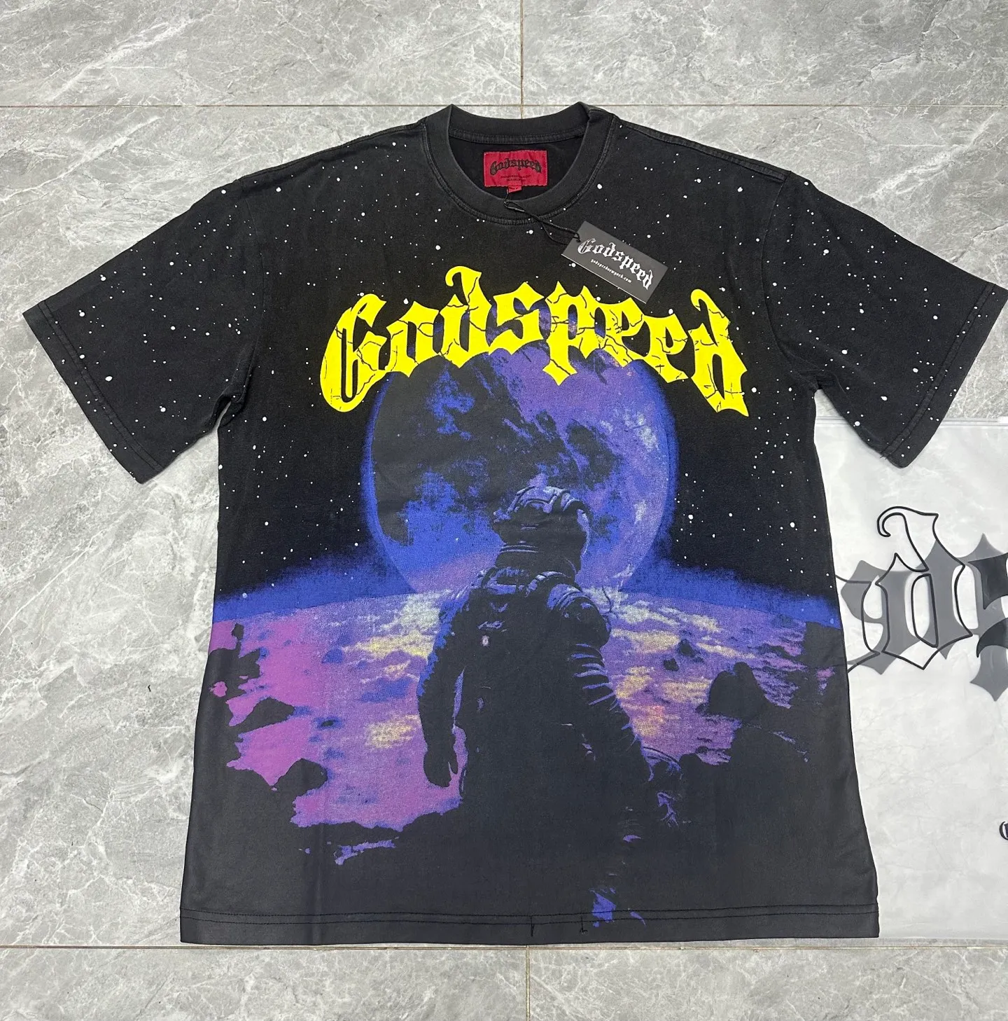 6062#washed black｜P116 Godspeed cross-border American rock and roll street washed retro style short-sleeved T (craft printing) fabric (fabric): 32 count combed double yarn 250g weight code number (size): S-M-L-XL color (colour): washed black 👉