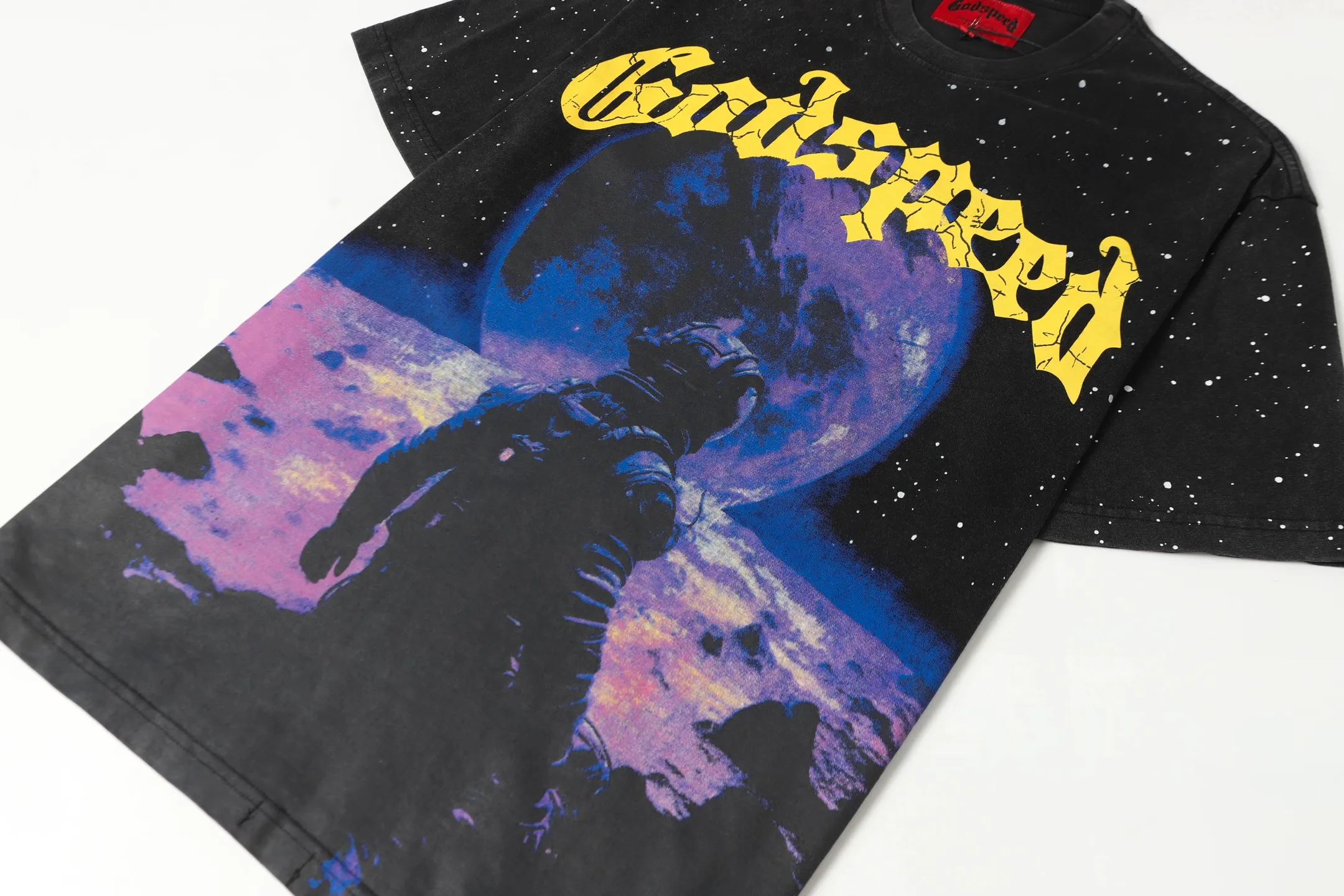 6062#washed black｜P116 Godspeed cross-border American rock and roll street washed retro style short-sleeved T (craft printing) fabric (fabric): 32 count combed double yarn 250g weight code number (size): S-M-L-XL color (colour): washed black 👉