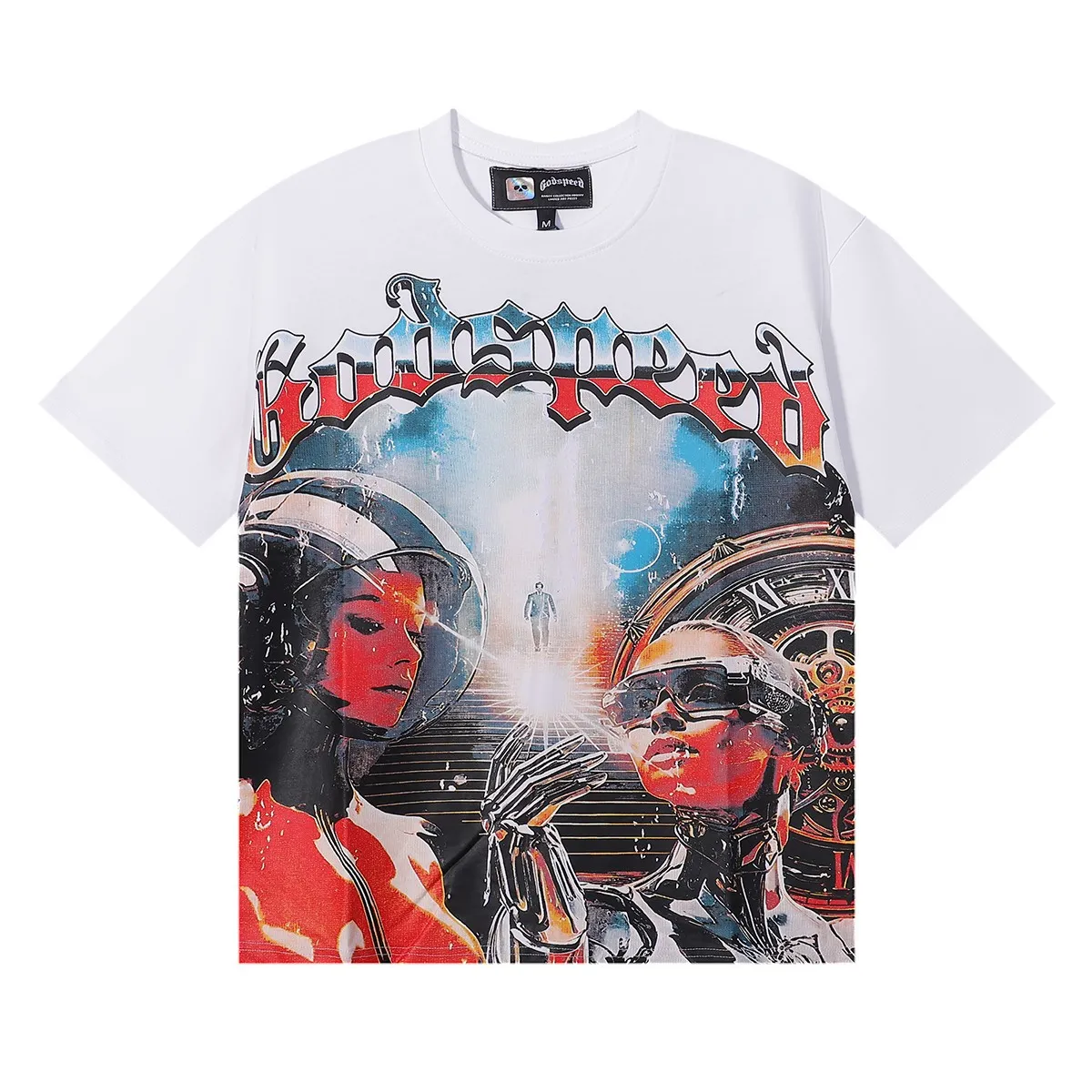 No. 7031, Mechao Godspeed astronaut robot printed high-quality double yarn pure cotton casual short-sleeved T-shirt for men and women 29 batch 110 Color: black, white, apricot; Size: S M L XL