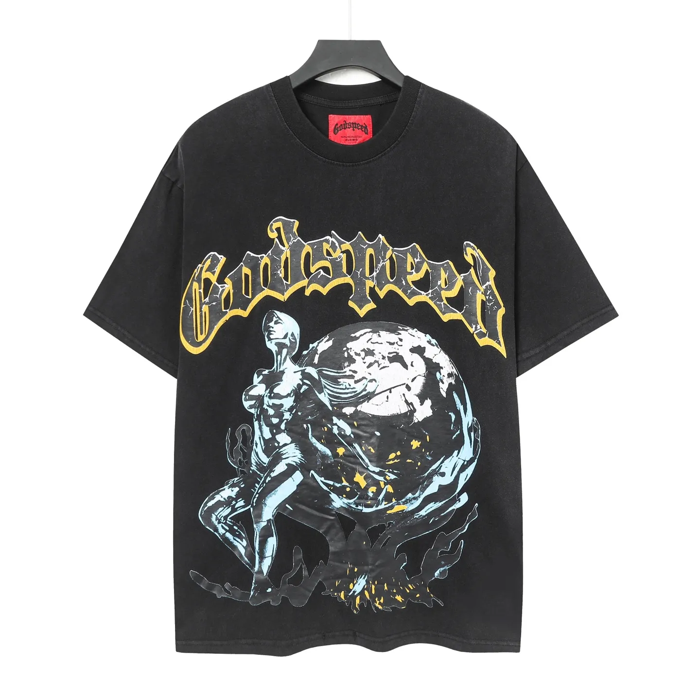 6017#washed black｜P116 Godspeed cross-border American rock and roll street washed retro style short-sleeved T (craft printing) fabric (fabric): 32 count combed double yarn 250g weight size (size): S-M-L-XL color (colour): washed black 👉