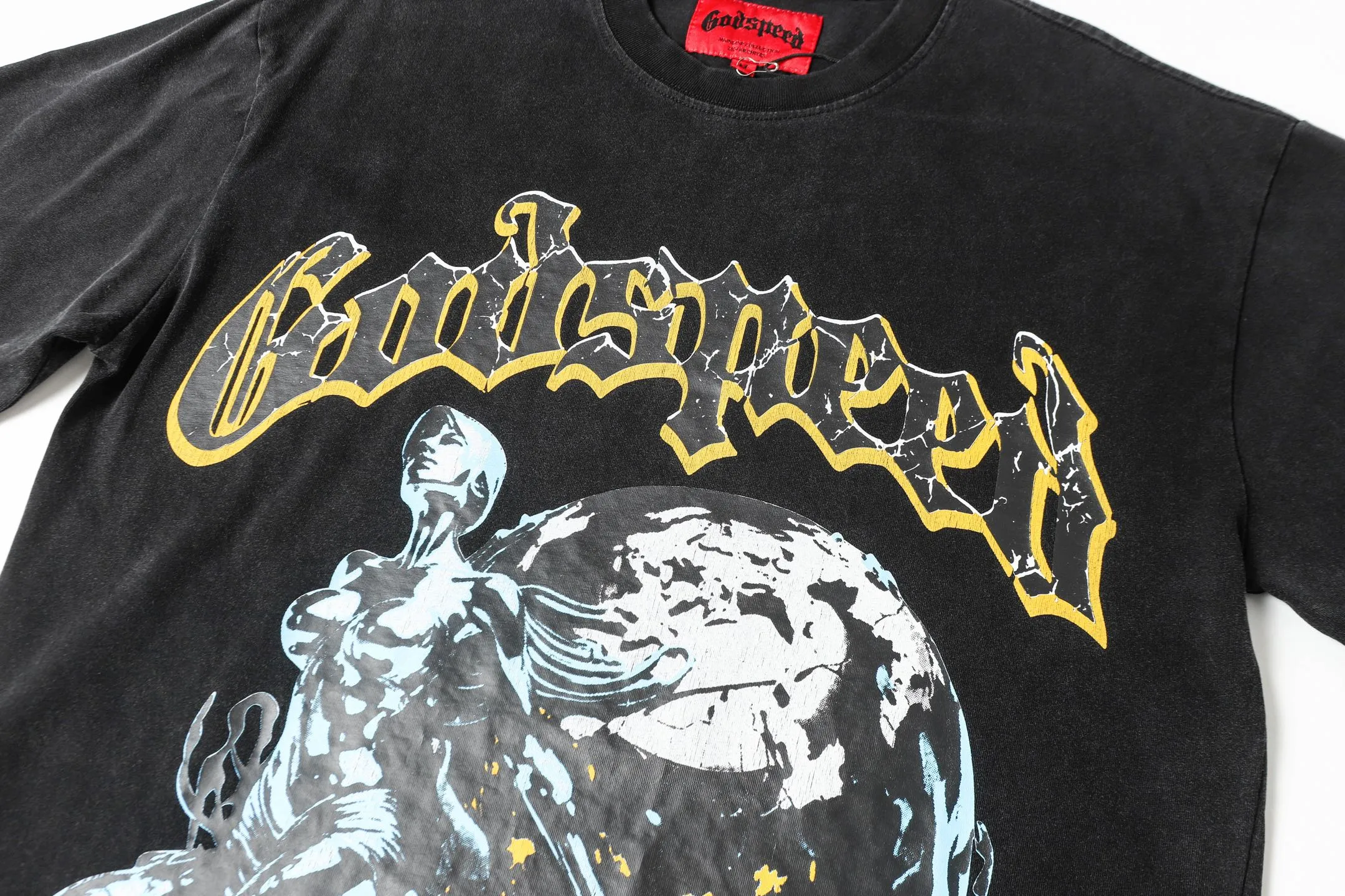 6017#washed black｜P116 Godspeed cross-border American rock and roll street washed retro style short-sleeved T (craft printing) fabric (fabric): 32 count combed double yarn 250g weight size (size): S-M-L-XL color (colour): washed black 👉
