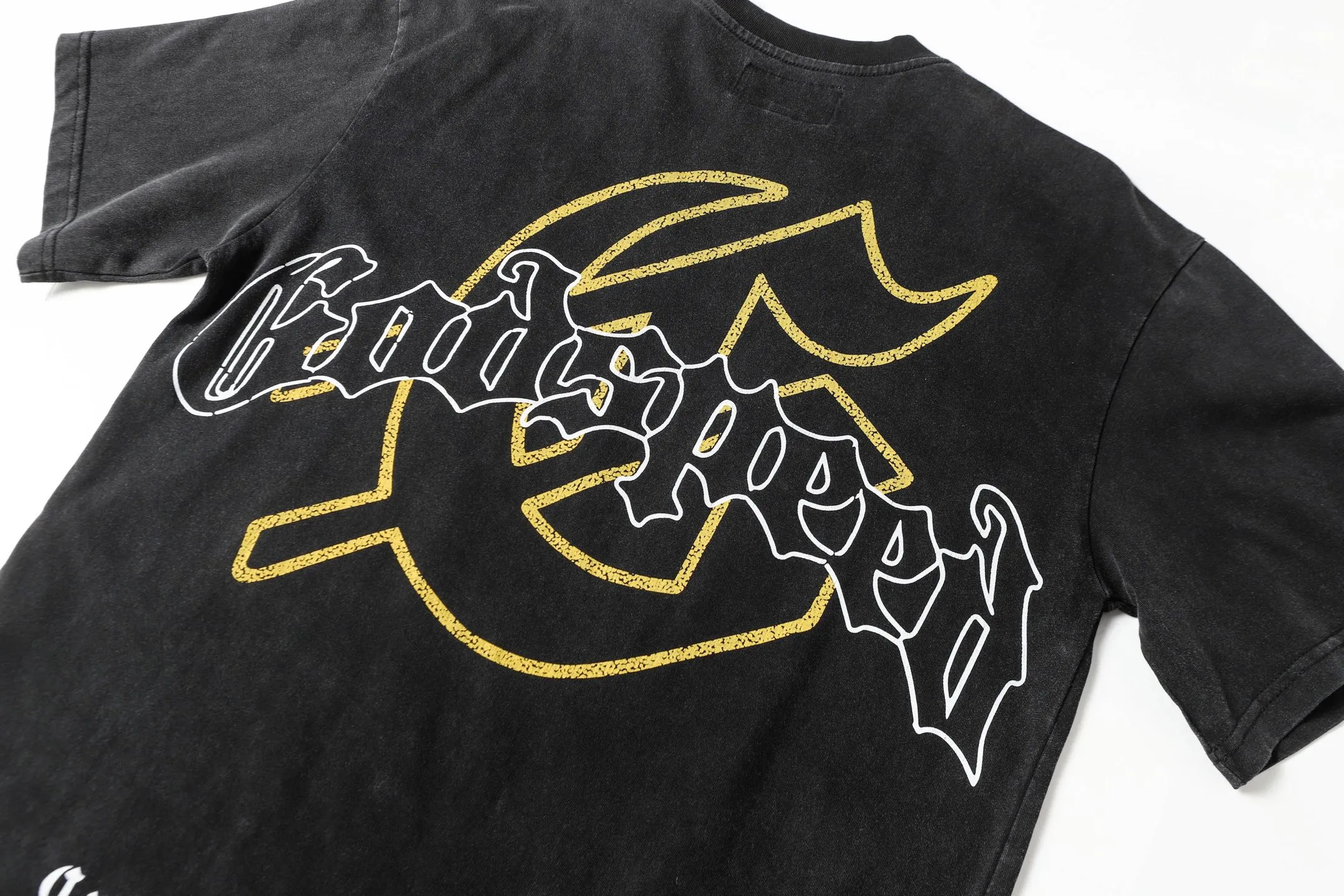 6017#washed black｜P116 Godspeed cross-border American rock and roll street washed retro style short-sleeved T (craft printing) fabric (fabric): 32 count combed double yarn 250g weight size (size): S-M-L-XL color (colour): washed black 👉