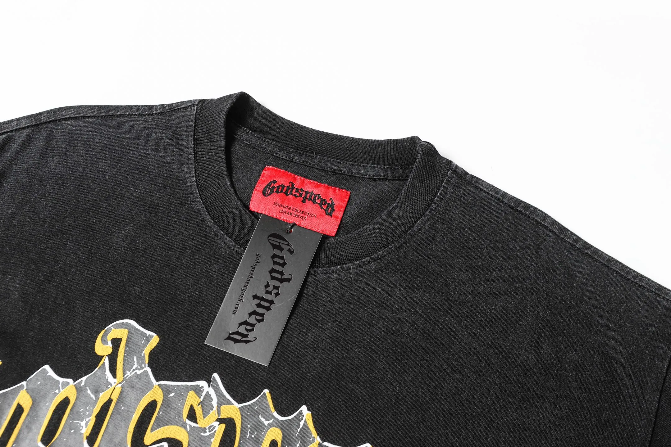 6017#washed black｜P116 Godspeed cross-border American rock and roll street washed retro style short-sleeved T (craft printing) fabric (fabric): 32 count combed double yarn 250g weight size (size): S-M-L-XL color (colour): washed black 👉