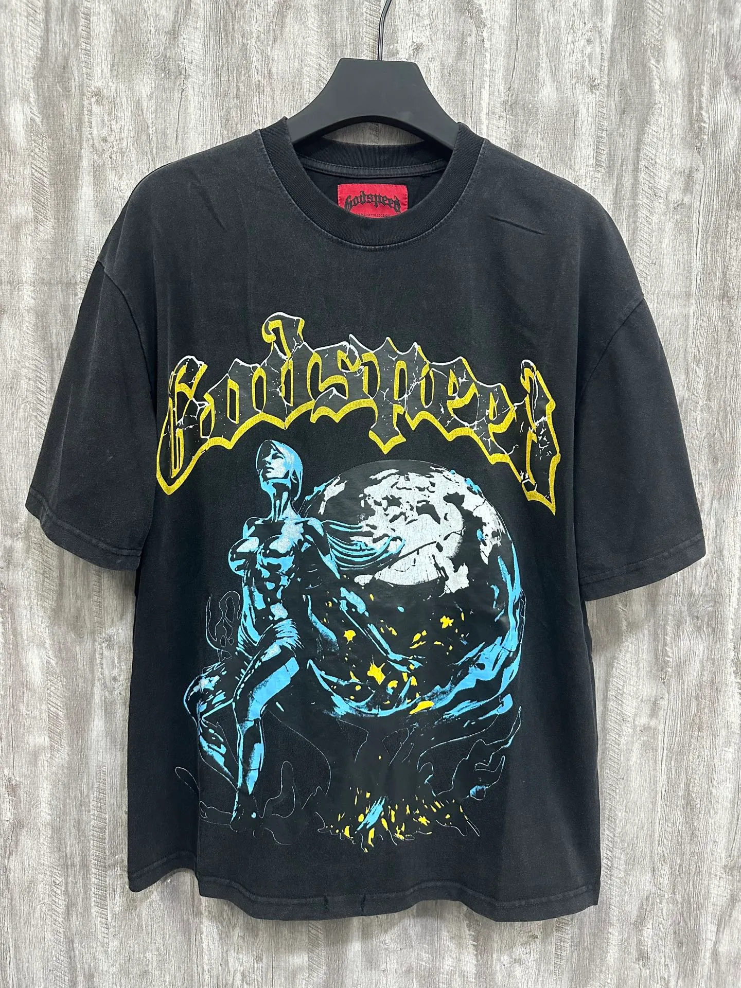 6017#washed black｜P116 Godspeed cross-border American rock and roll street washed retro style short-sleeved T (craft printing) fabric (fabric): 32 count combed double yarn 250g weight size (size): S-M-L-XL color (colour): washed black 👉