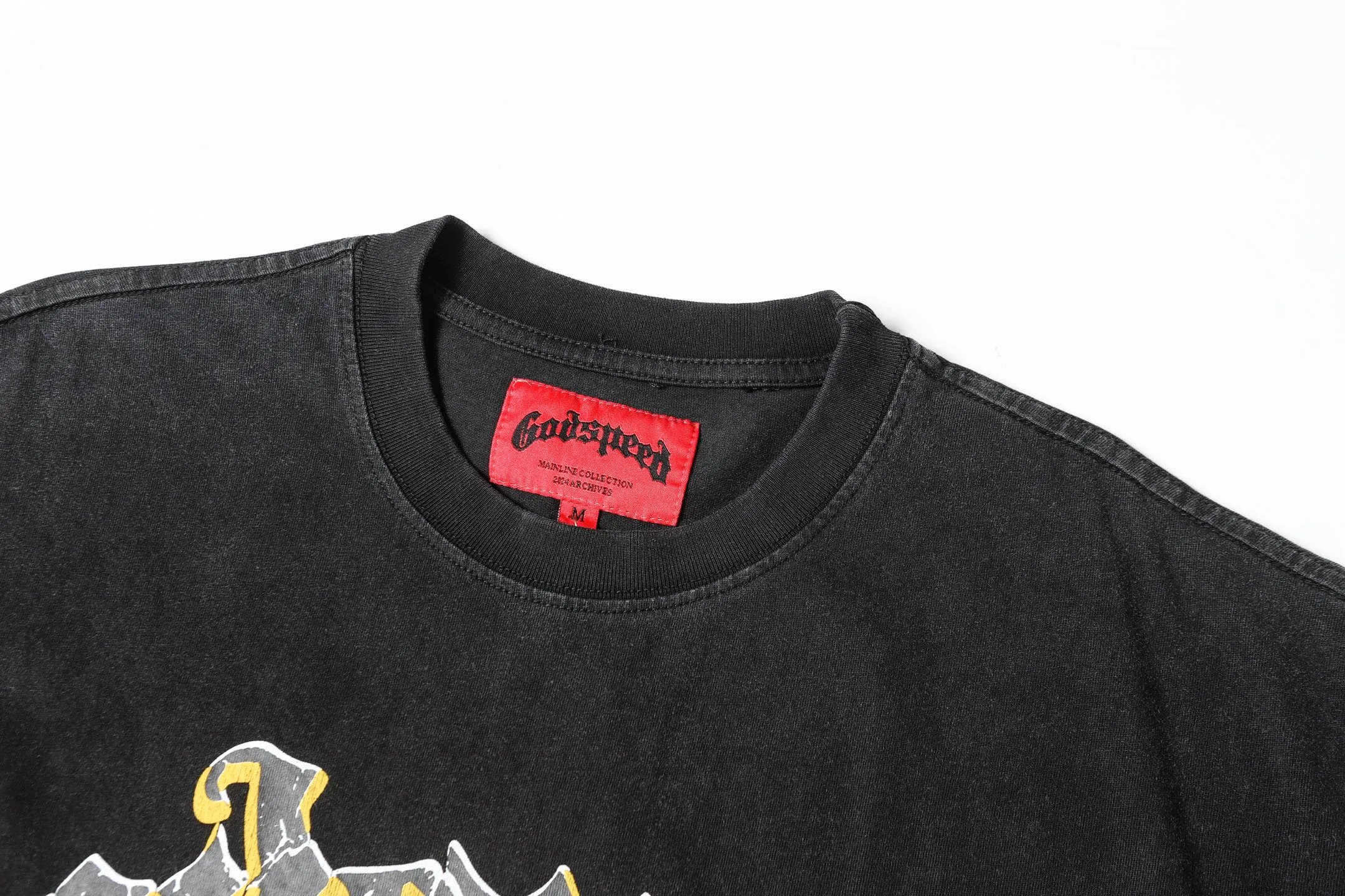 6017#washed black｜P116 Godspeed cross-border American rock and roll street washed retro style short-sleeved T (craft printing) fabric (fabric): 32 count combed double yarn 250g weight size (size): S-M-L-XL color (colour): washed black 👉