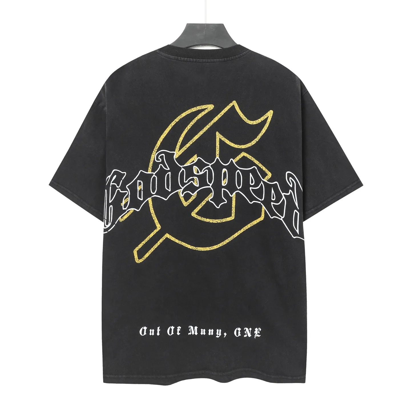 6017#washed black｜P116 Godspeed cross-border American rock and roll street washed retro style short-sleeved T (craft printing) fabric (fabric): 32 count combed double yarn 250g weight size (size): S-M-L-XL color (colour): washed black 👉