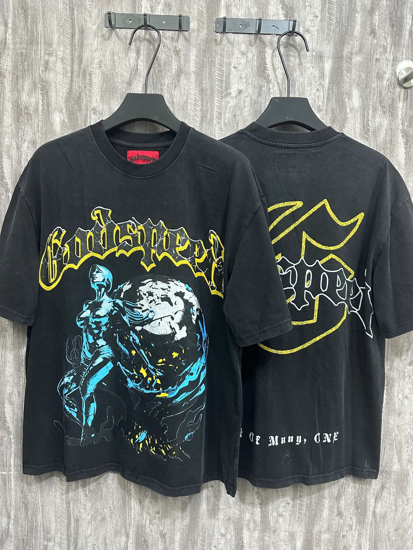 6017#washed black｜P116 Godspeed cross-border American rock and roll street washed retro style short-sleeved T (craft printing) fabric (fabric): 32 count combed double yarn 250g weight size (size): S-M-L-XL color (colour): washed black 👉