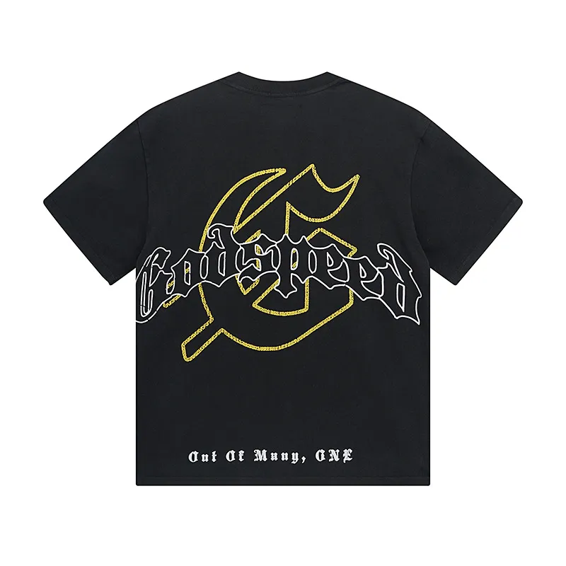 6017#washed black｜P116 Godspeed cross-border American rock and roll street washed retro style short-sleeved T (craft printing) fabric (fabric): 32 count combed double yarn 250g weight size (size): S-M-L-XL color (colour): washed black 👉