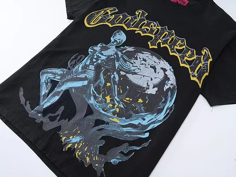 6017#washed black｜P116 Godspeed cross-border American rock and roll street washed retro style short-sleeved T (craft printing) fabric (fabric): 32 count combed double yarn 250g weight size (size): S-M-L-XL color (colour): washed black 👉