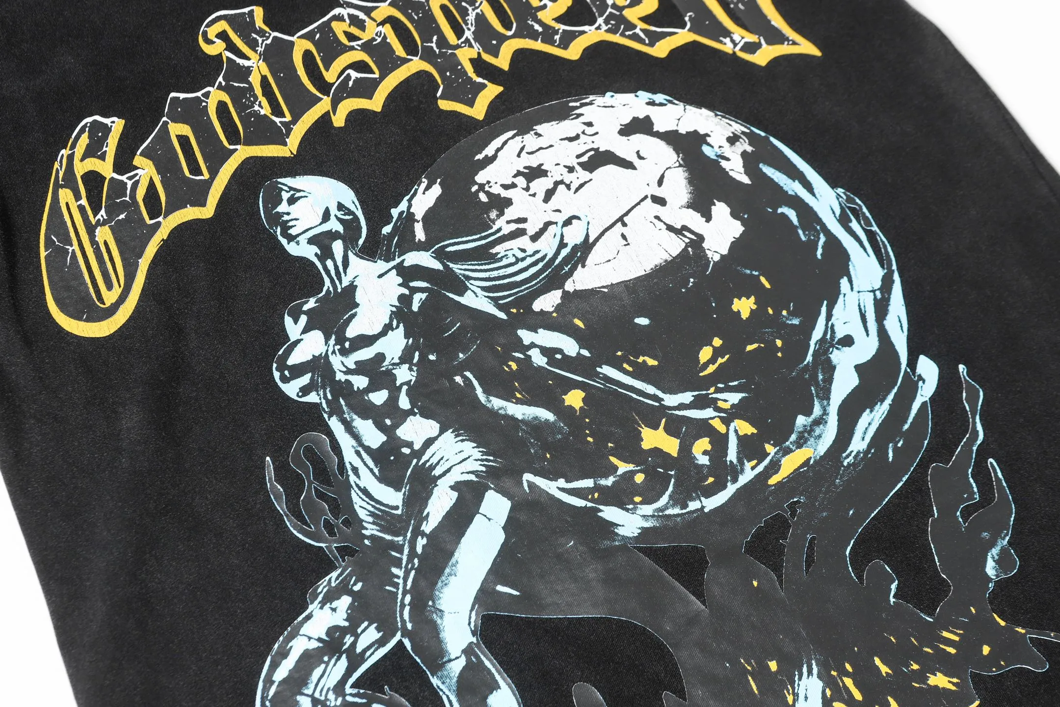 6017#washed black｜P116 Godspeed cross-border American rock and roll street washed retro style short-sleeved T (craft printing) fabric (fabric): 32 count combed double yarn 250g weight size (size): S-M-L-XL color (colour): washed black 👉