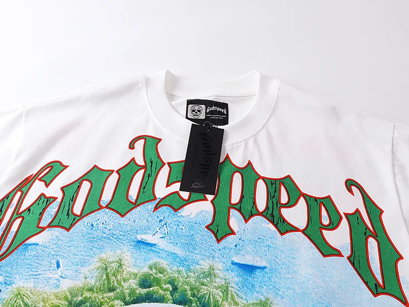 3030# P110 Real shot Godspeed American fashion rock street retro loose printed cotton short sleeves Fabric: 240g 32 count fine cotton double yarn pure cotton Color: off-white Size: S M L XL
