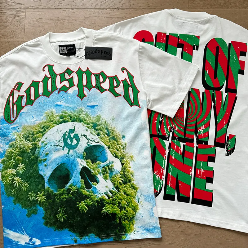 3030# P110 Real shot Godspeed American fashion rock street retro loose printed cotton short sleeves Fabric: 240g 32 count fine cotton double yarn pure cotton Color: off-white Size: S M L XL