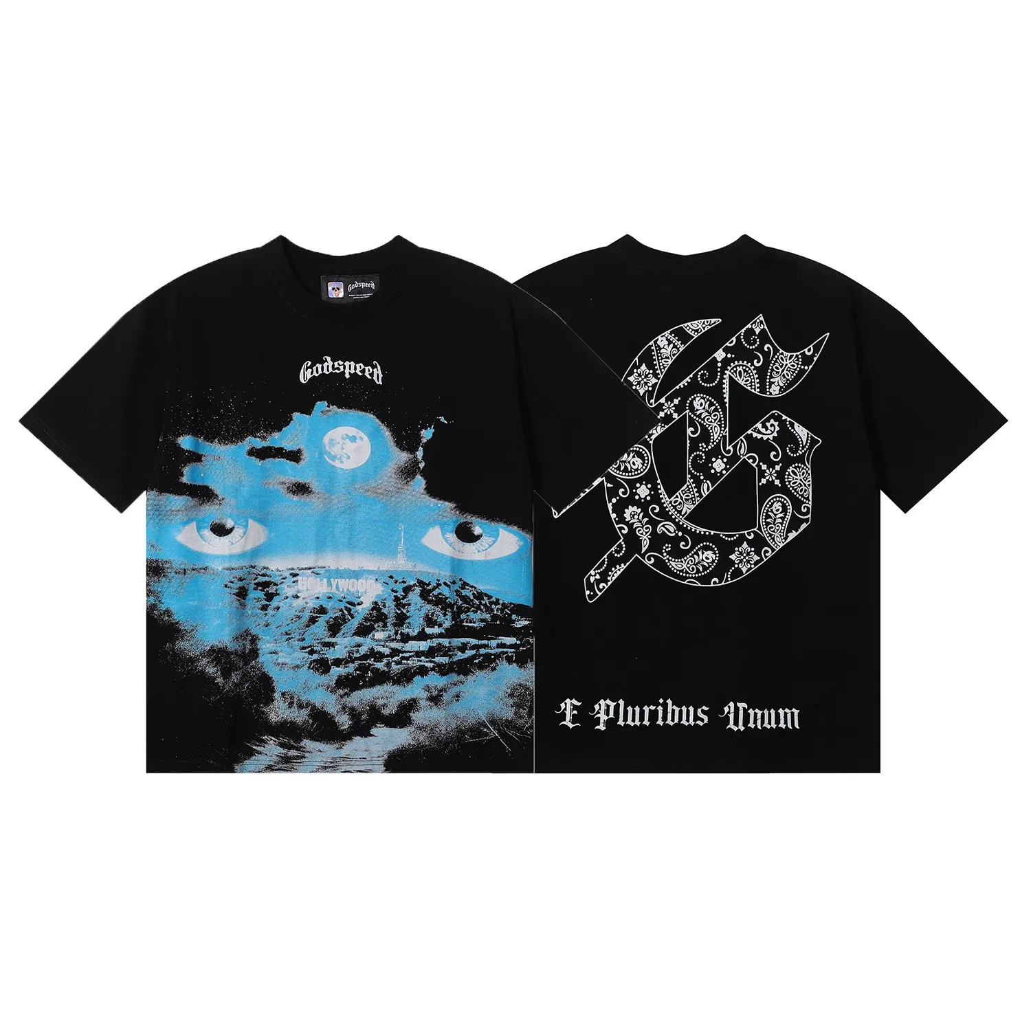 No. 7005, American fashion Godspeed Hollywood night print high quality double yarn pure cotton casual short-sleeved T-shirt batch 110 Color: black; Size: S M L XL