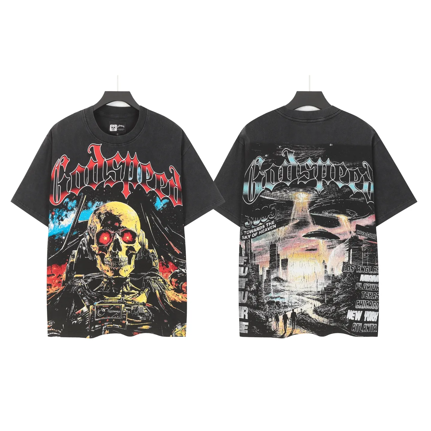 6096# washed black I P116 Godspeed cross-border American rock and roll street washed retro style short-sleeved T (craft printing) fabric (fabric): 32 count combed double yarn 250 grams weight code number (size): S-M-L-XL color (colour): washed black