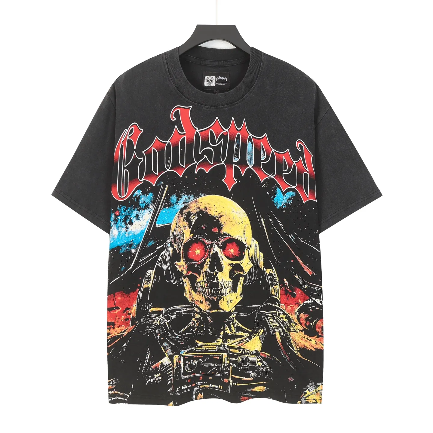 6096# washed black I P116 Godspeed cross-border American rock and roll street washed retro style short-sleeved T (craft printing) fabric (fabric): 32 count combed double yarn 250 grams weight code number (size): S-M-L-XL color (colour): washed black
