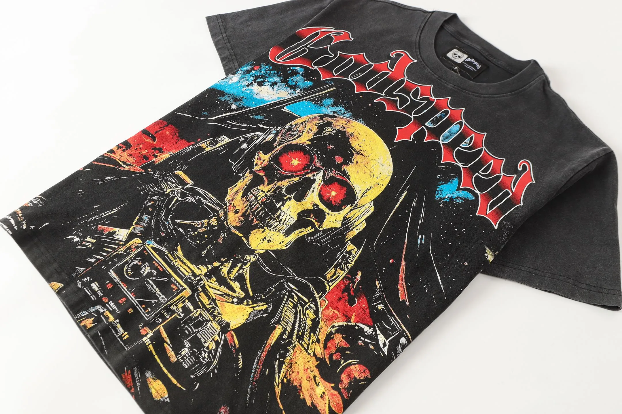 6096# washed black I P116 Godspeed cross-border American rock and roll street washed retro style short-sleeved T (craft printing) fabric (fabric): 32 count combed double yarn 250 grams weight code number (size): S-M-L-XL color (colour): washed black