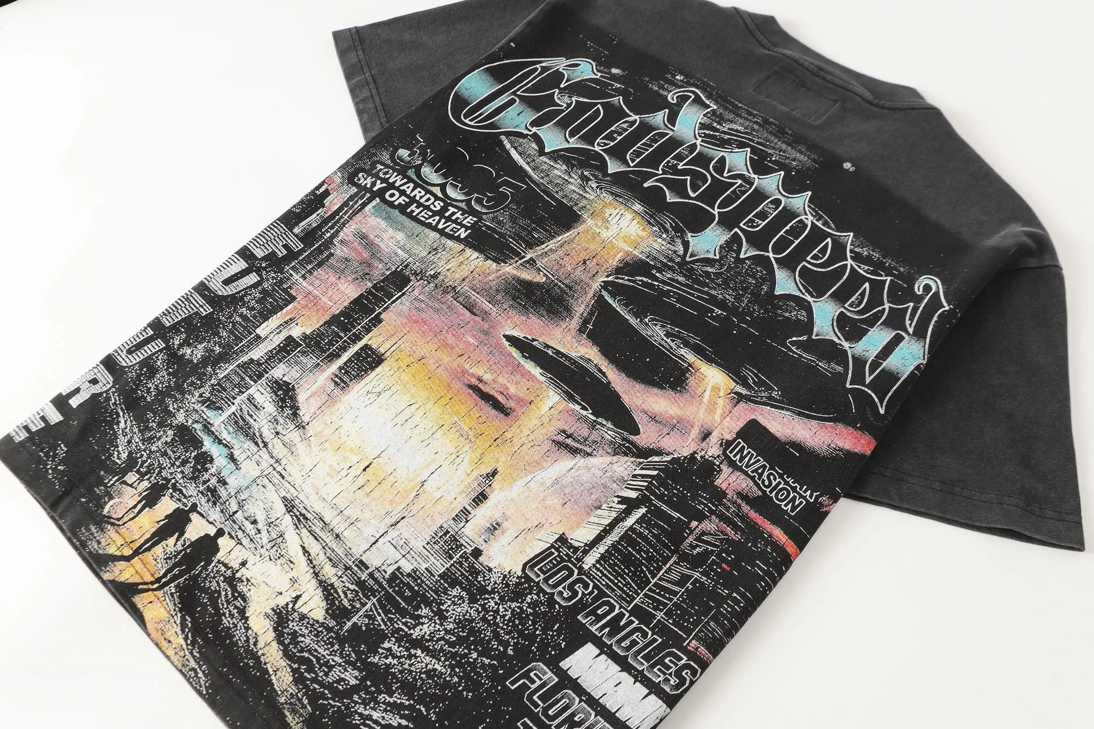 6096# washed black I P116 Godspeed cross-border American rock and roll street washed retro style short-sleeved T (craft printing) fabric (fabric): 32 count combed double yarn 250 grams weight code number (size): S-M-L-XL color (colour): washed black