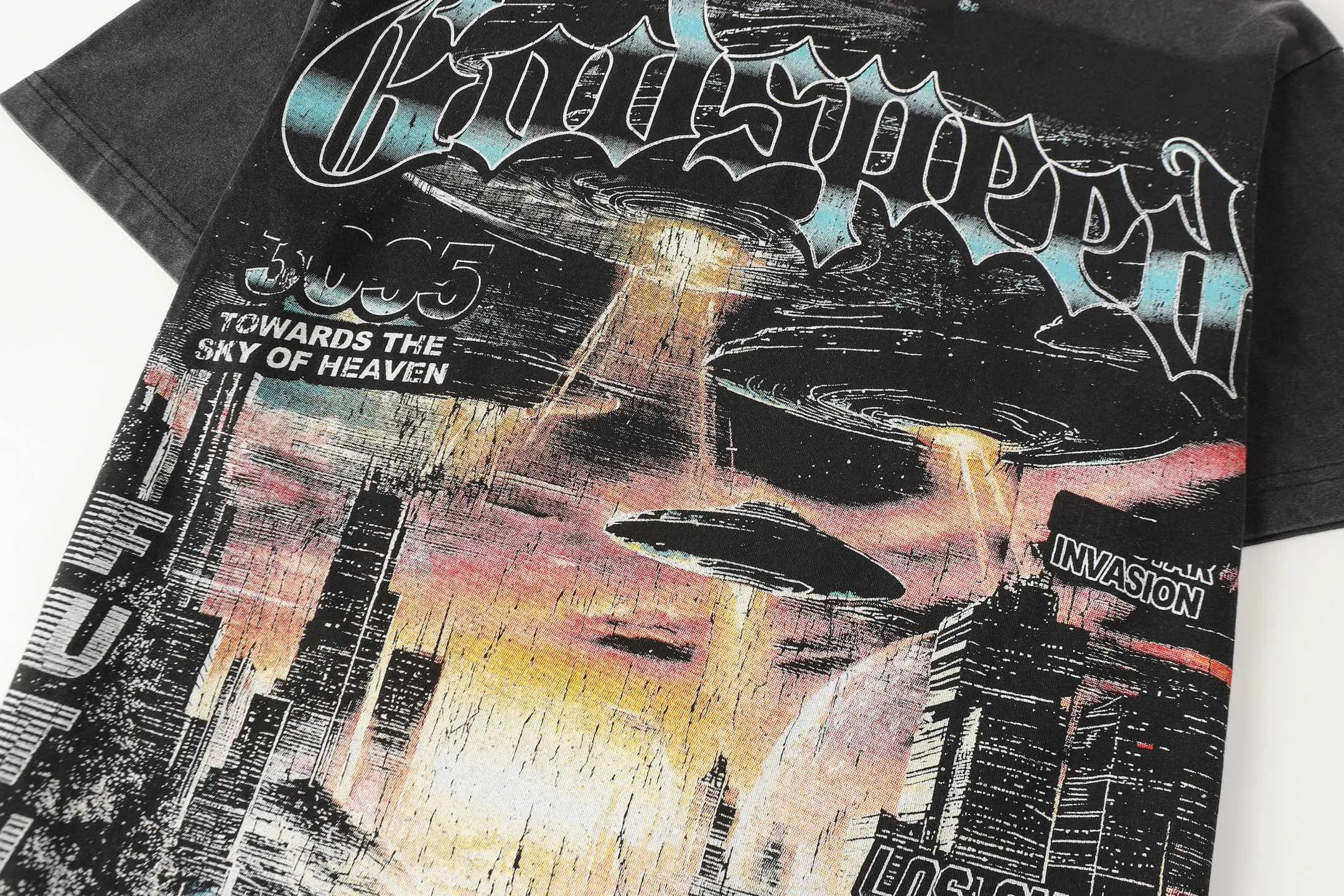 6096# washed black I P116 Godspeed cross-border American rock and roll street washed retro style short-sleeved T (craft printing) fabric (fabric): 32 count combed double yarn 250 grams weight code number (size): S-M-L-XL color (colour): washed black