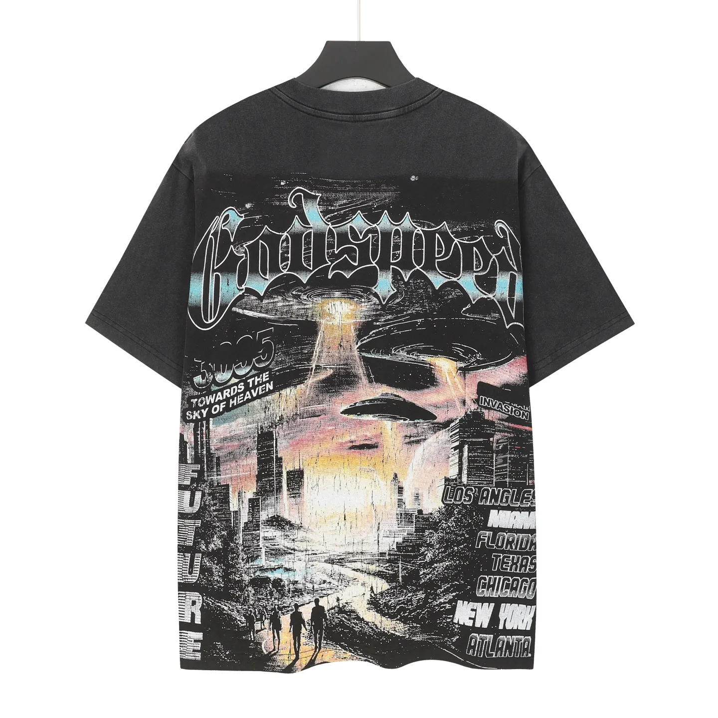 6096# washed black I P116 Godspeed cross-border American rock and roll street washed retro style short-sleeved T (craft printing) fabric (fabric): 32 count combed double yarn 250 grams weight code number (size): S-M-L-XL color (colour): washed black