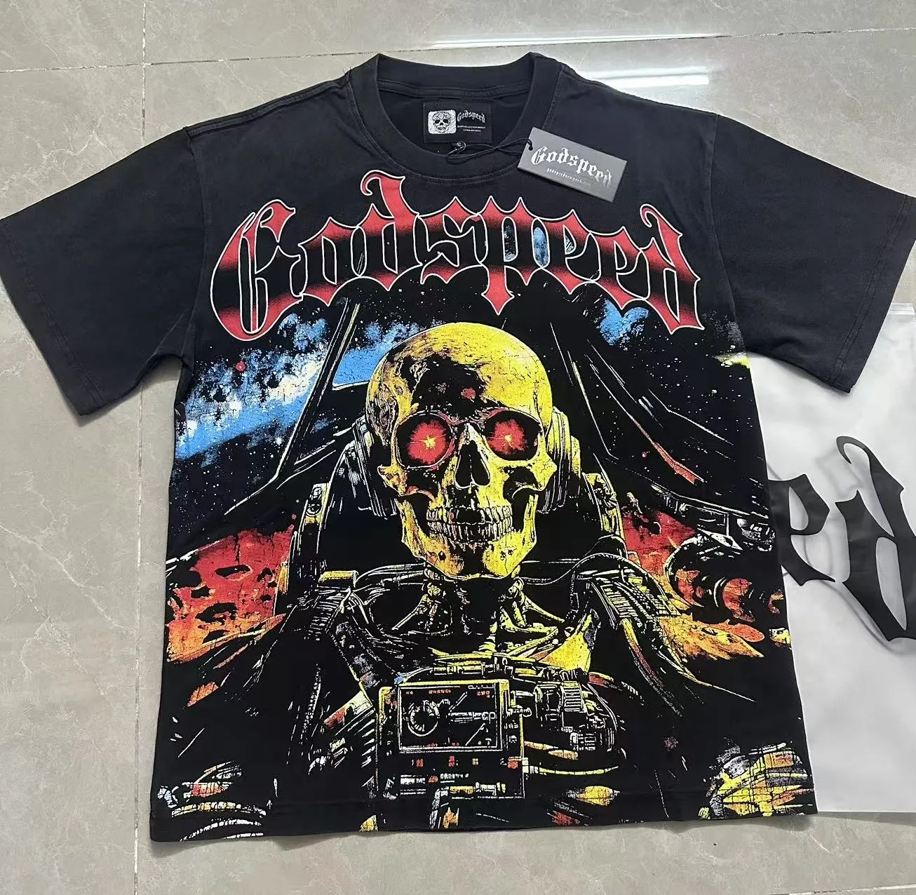 6096# washed black I P116 Godspeed cross-border American rock and roll street washed retro style short-sleeved T (craft printing) fabric (fabric): 32 count combed double yarn 250 grams weight code number (size): S-M-L-XL color (colour): washed black