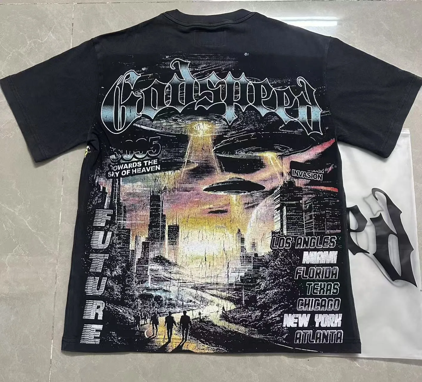 6096# washed black I P116 Godspeed cross-border American rock and roll street washed retro style short-sleeved T (craft printing) fabric (fabric): 32 count combed double yarn 250 grams weight code number (size): S-M-L-XL color (colour): washed black