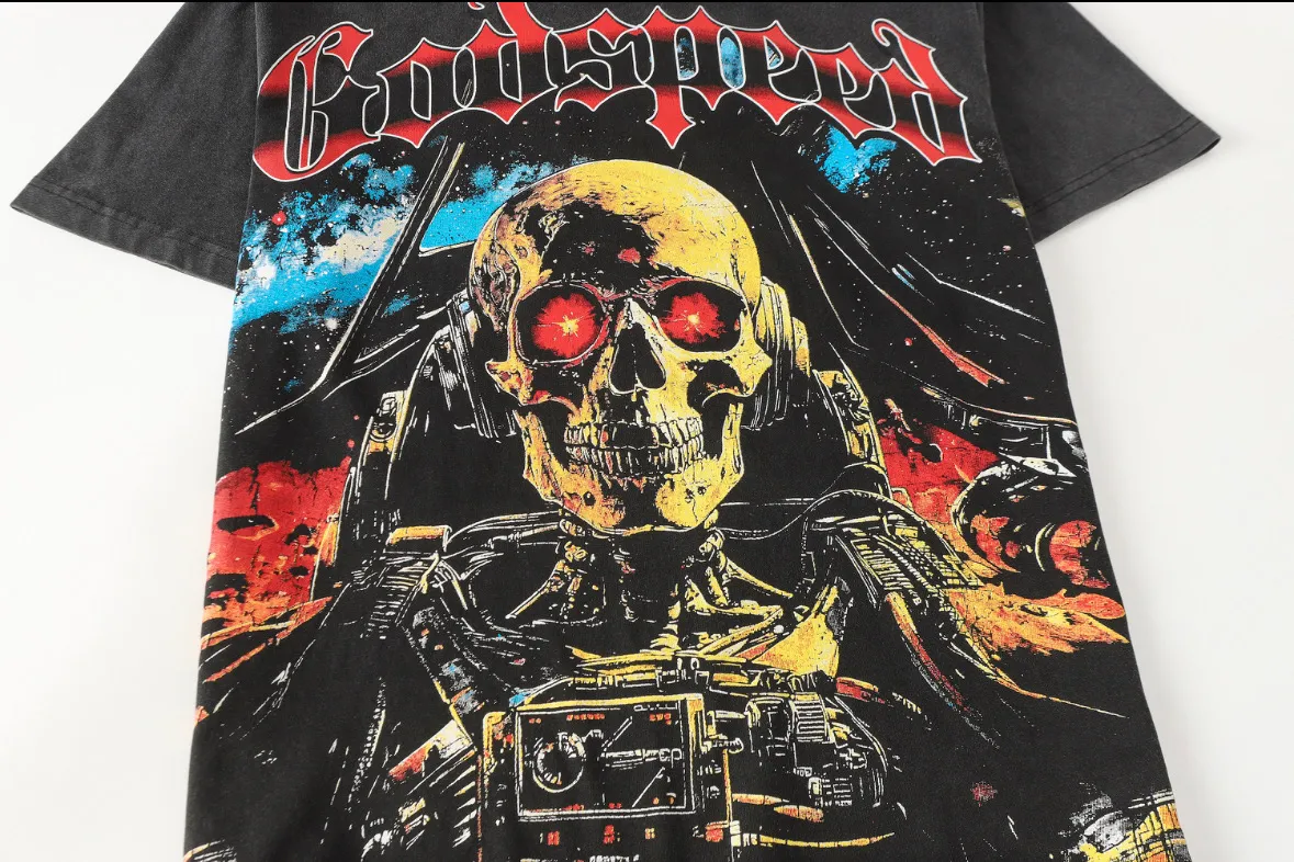 6096# washed black I P116 Godspeed cross-border American rock and roll street washed retro style short-sleeved T (craft printing) fabric (fabric): 32 count combed double yarn 250 grams weight code number (size): S-M-L-XL color (colour): washed black