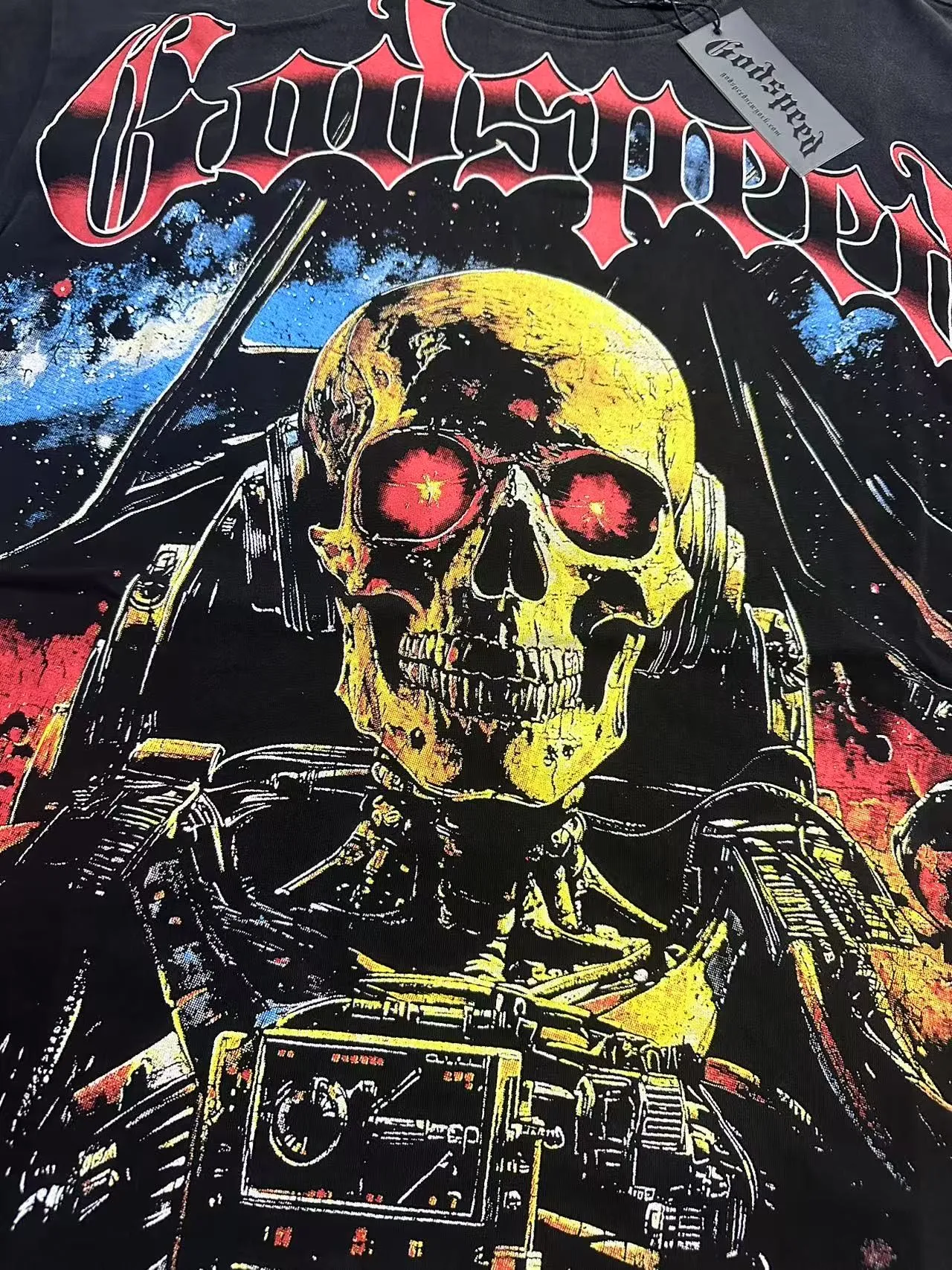 6096# washed black I P116 Godspeed cross-border American rock and roll street washed retro style short-sleeved T (craft printing) fabric (fabric): 32 count combed double yarn 250 grams weight code number (size): S-M-L-XL color (colour): washed black
