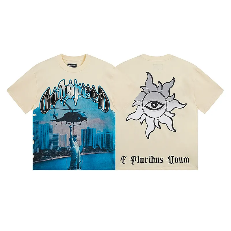 3116# P106 Real shot Godspeed American fashion rock street retro loose printed cotton short sleeves Fabric: 240g 32 count fine cotton double yarn pure cotton Color: apricot Size: S M L XL
