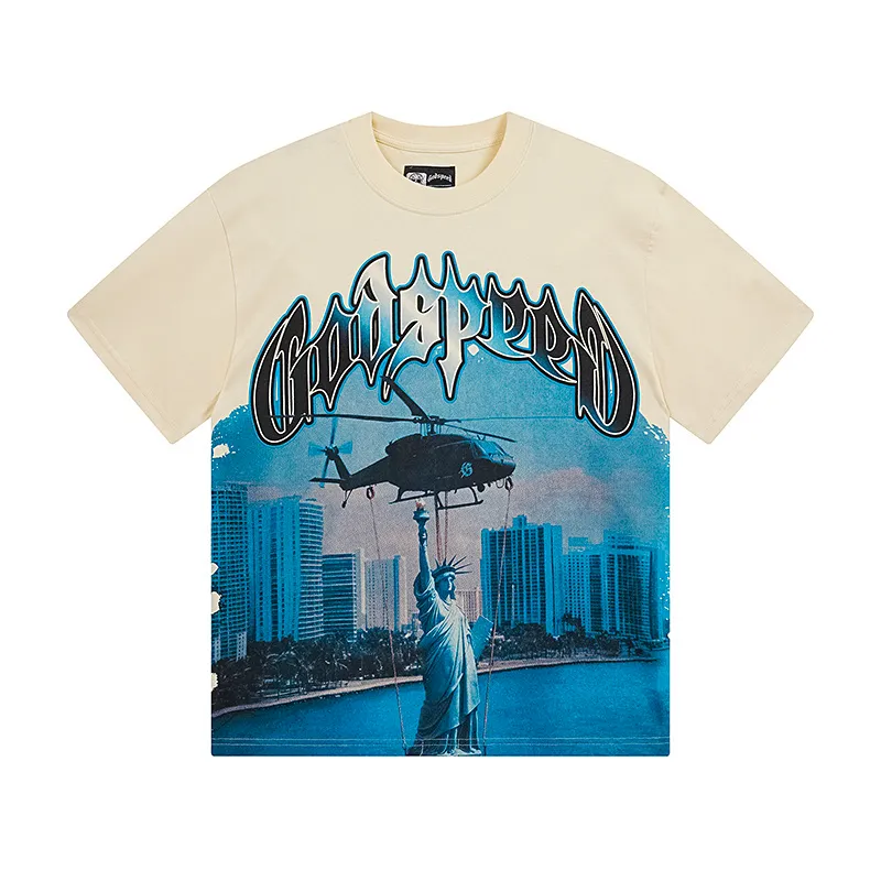 3116# P106 Real shot Godspeed American fashion rock street retro loose printed cotton short sleeves Fabric: 240g 32 count fine cotton double yarn pure cotton Color: apricot Size: S M L XL
