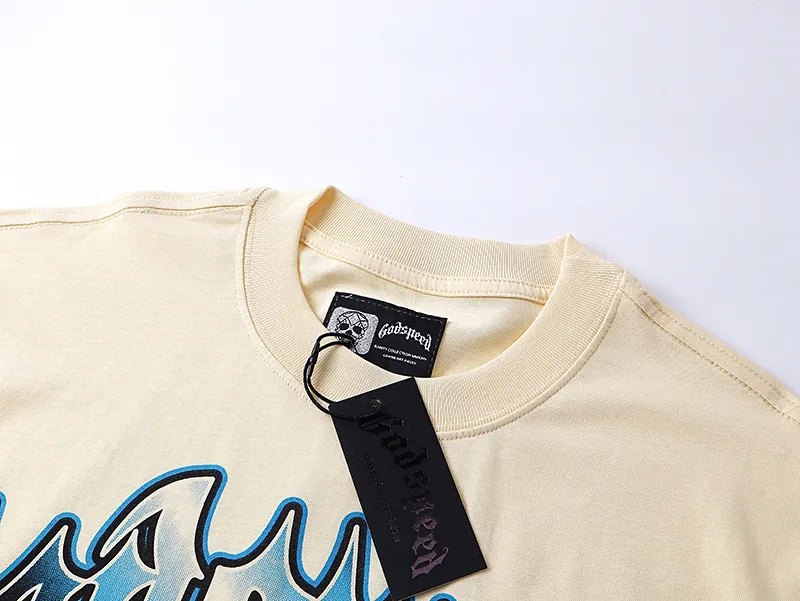 3116# P106 Real shot Godspeed American fashion rock street retro loose printed cotton short sleeves Fabric: 240g 32 count fine cotton double yarn pure cotton Color: apricot Size: S M L XL