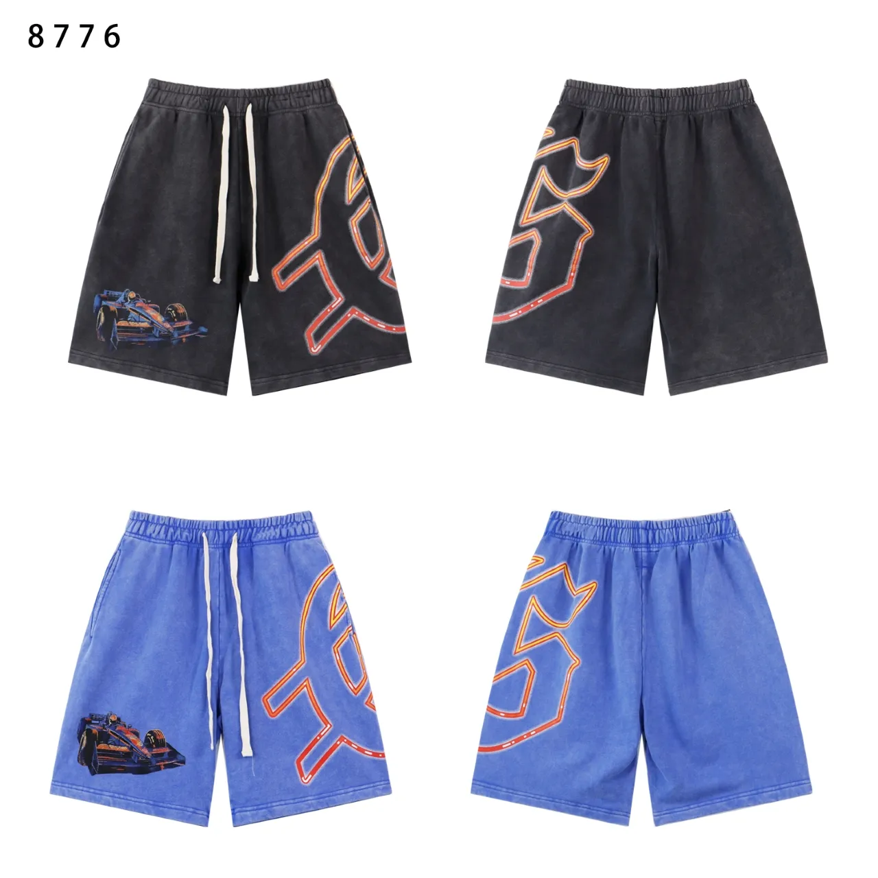 💰150 Style number: BR 8776 Fabric: 380g washed, real shot, beautiful and fashionable Godspeed printed high-quality double yarn casual fashion brand washed distressed shorts Color; washed black, washed blue, code number: S M L XL