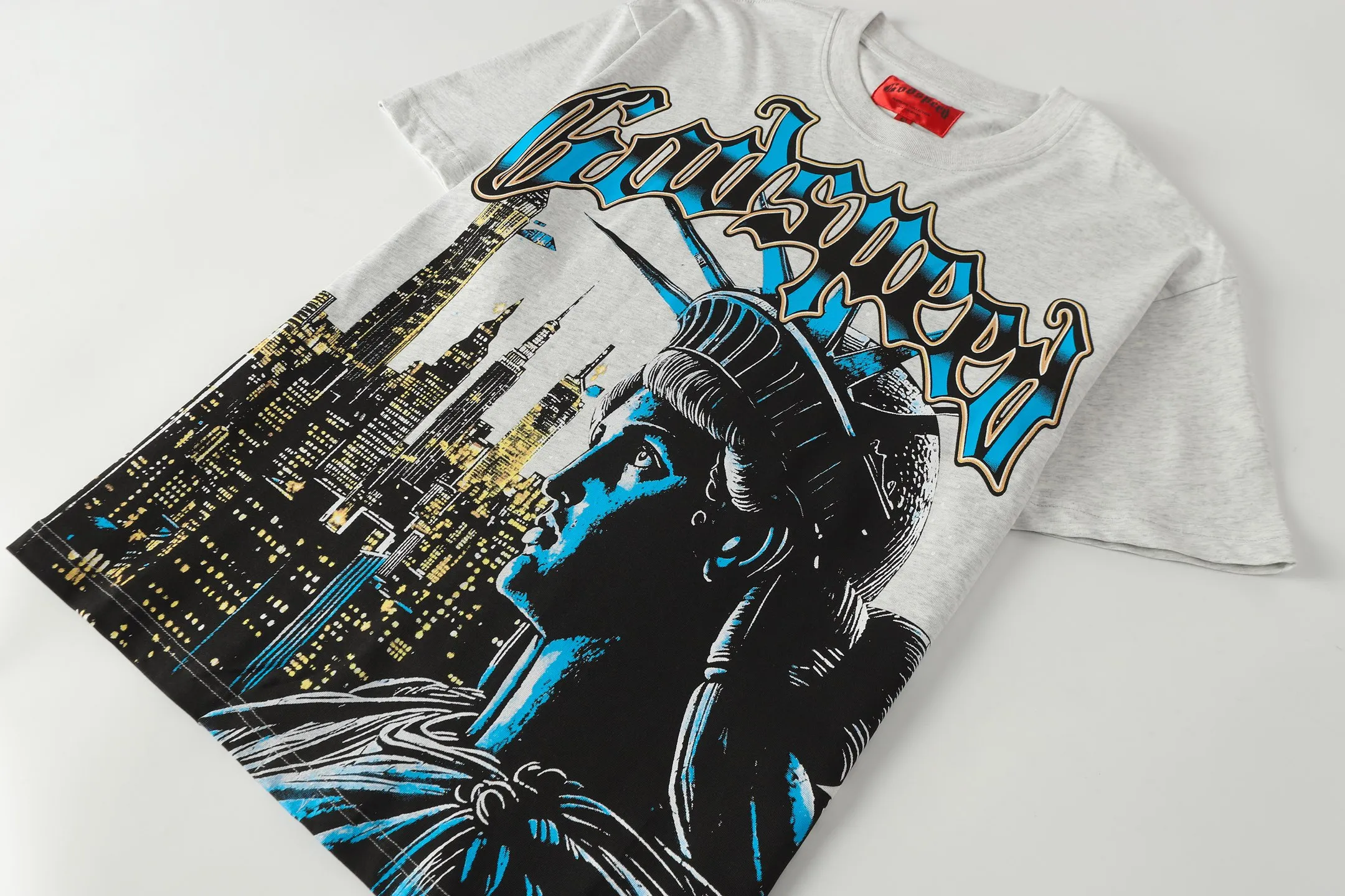 5105#Light Gray｜P106 Godspeed cross-border American rock and roll street washed retro style short-sleeved T (craft printing) fabric (fabric) 32-count combed double yarn 240 grams weight code number (size): S-M-L-XL color (colour): light gray