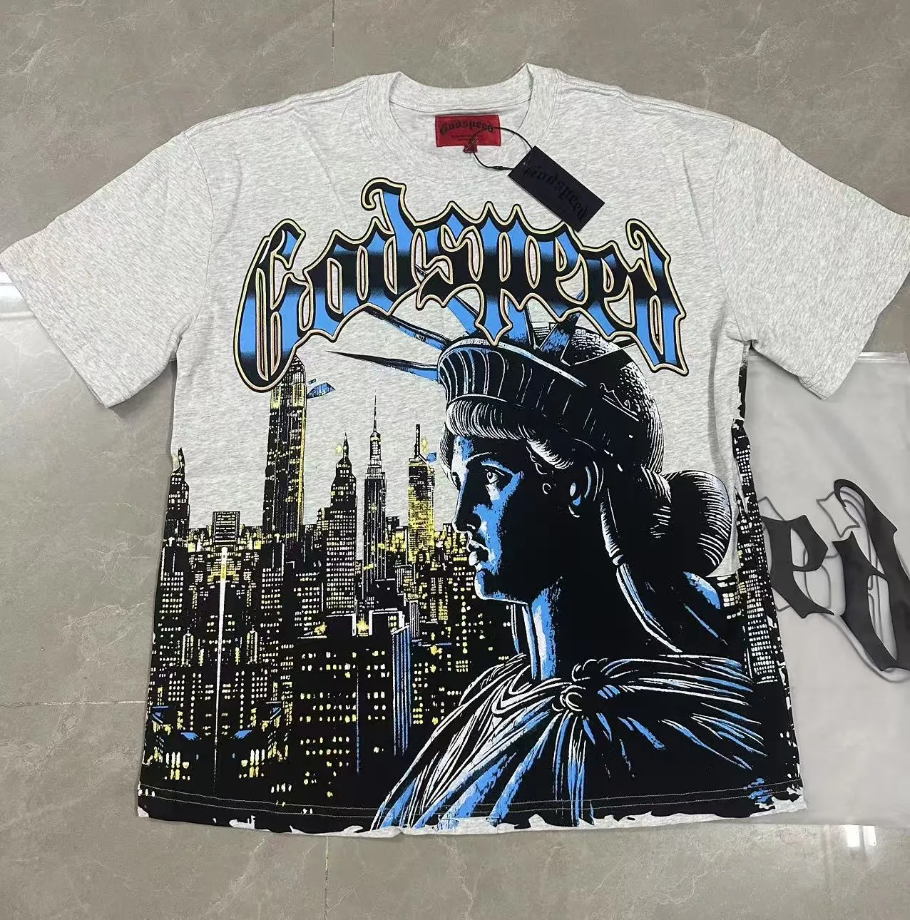5105#Light Gray｜P106 Godspeed cross-border American rock and roll street washed retro style short-sleeved T (craft printing) fabric (fabric) 32-count combed double yarn 240 grams weight code number (size): S-M-L-XL color (colour): light gray