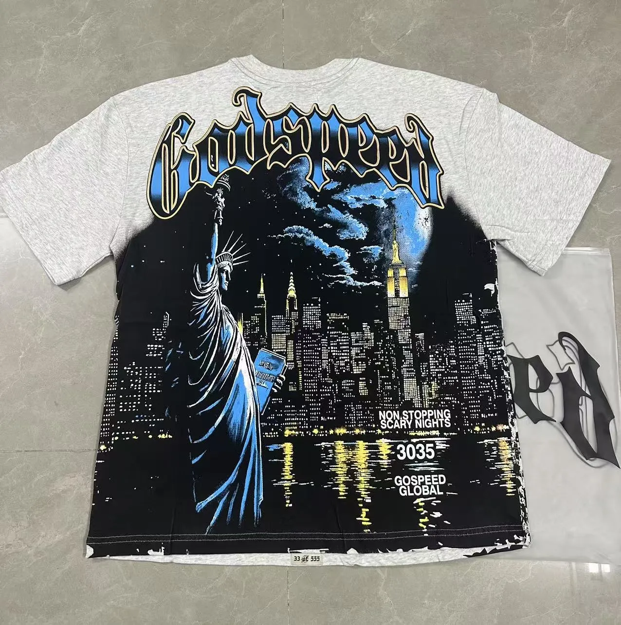 5105#Light Gray｜P106 Godspeed cross-border American rock and roll street washed retro style short-sleeved T (craft printing) fabric (fabric) 32-count combed double yarn 240 grams weight code number (size): S-M-L-XL color (colour): light gray